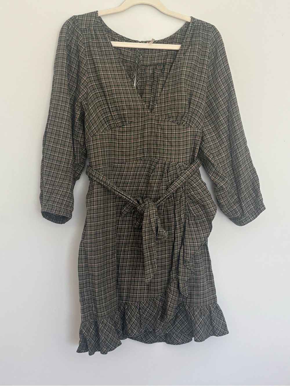 Free People Fargo Printed Plaid Wrap Mini Dress Ruffle Smocked Size 4